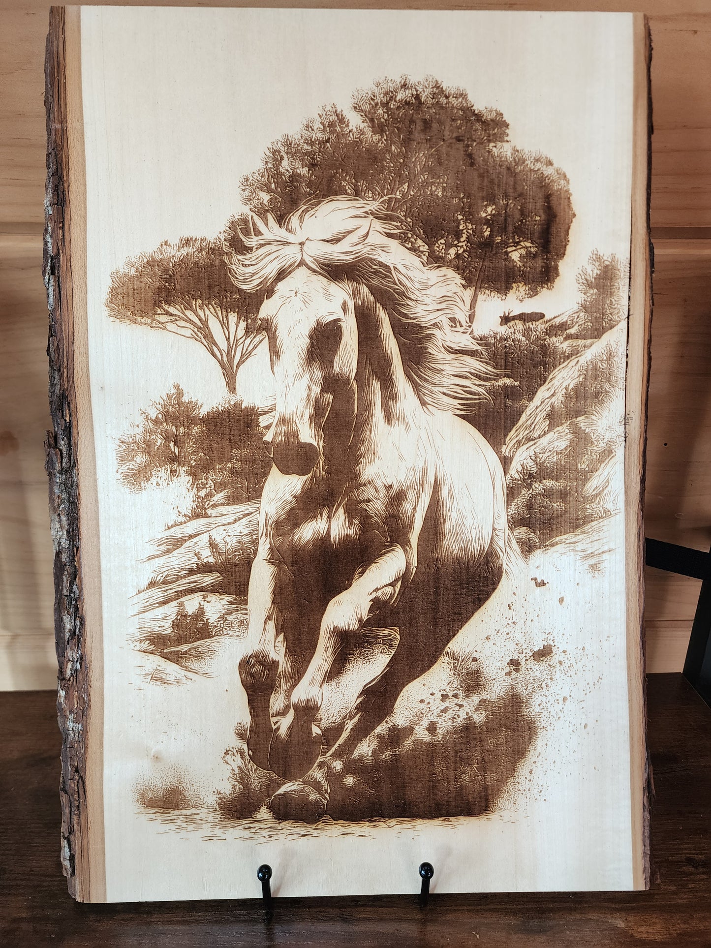 Running Wild Horse – Laser-Engraved Live Edge Basswood Equine Art