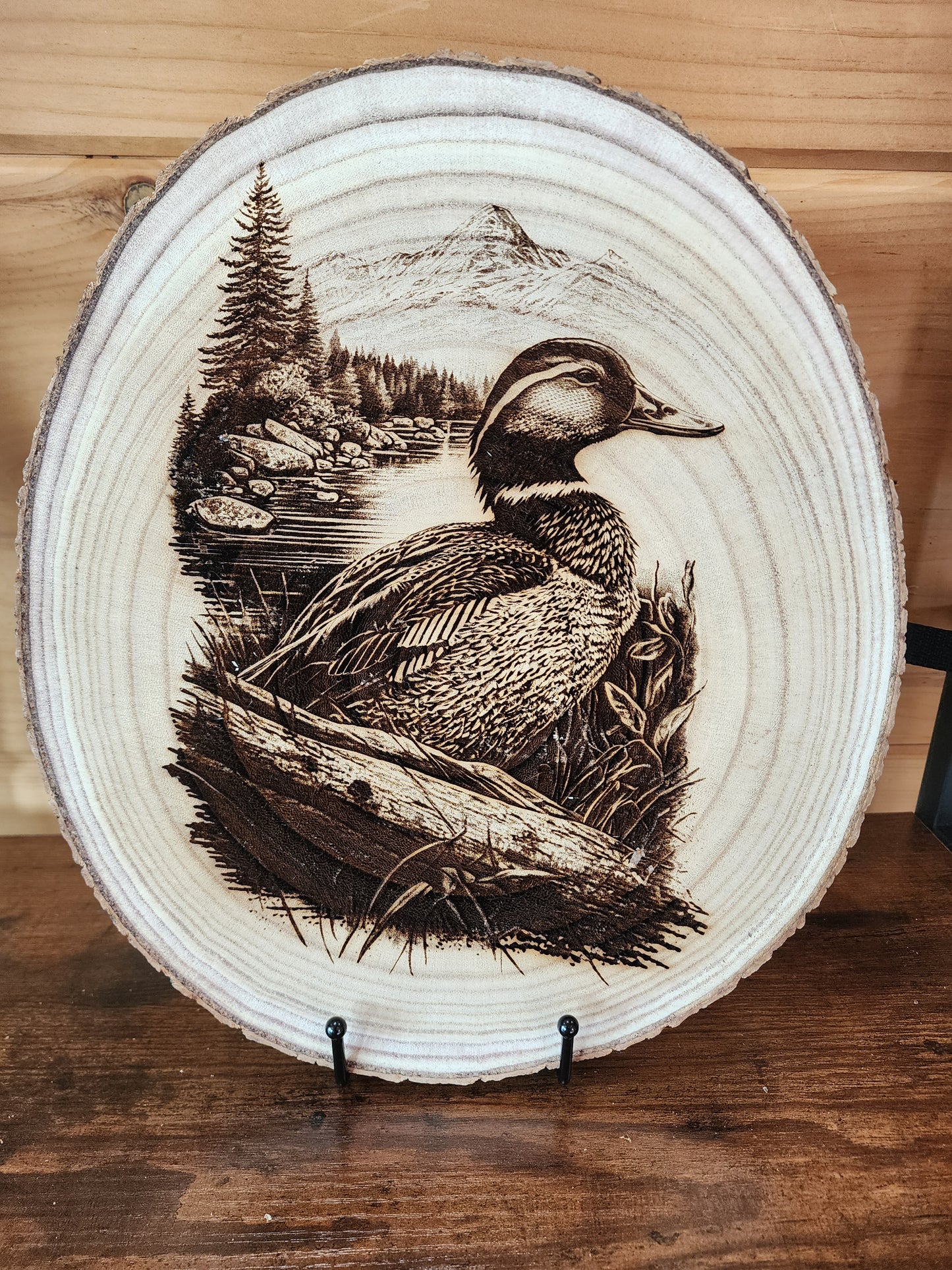 Wild Duck by Mountain Lake – Laser-Engraved Live Edge Wood Slice Wildlife Art