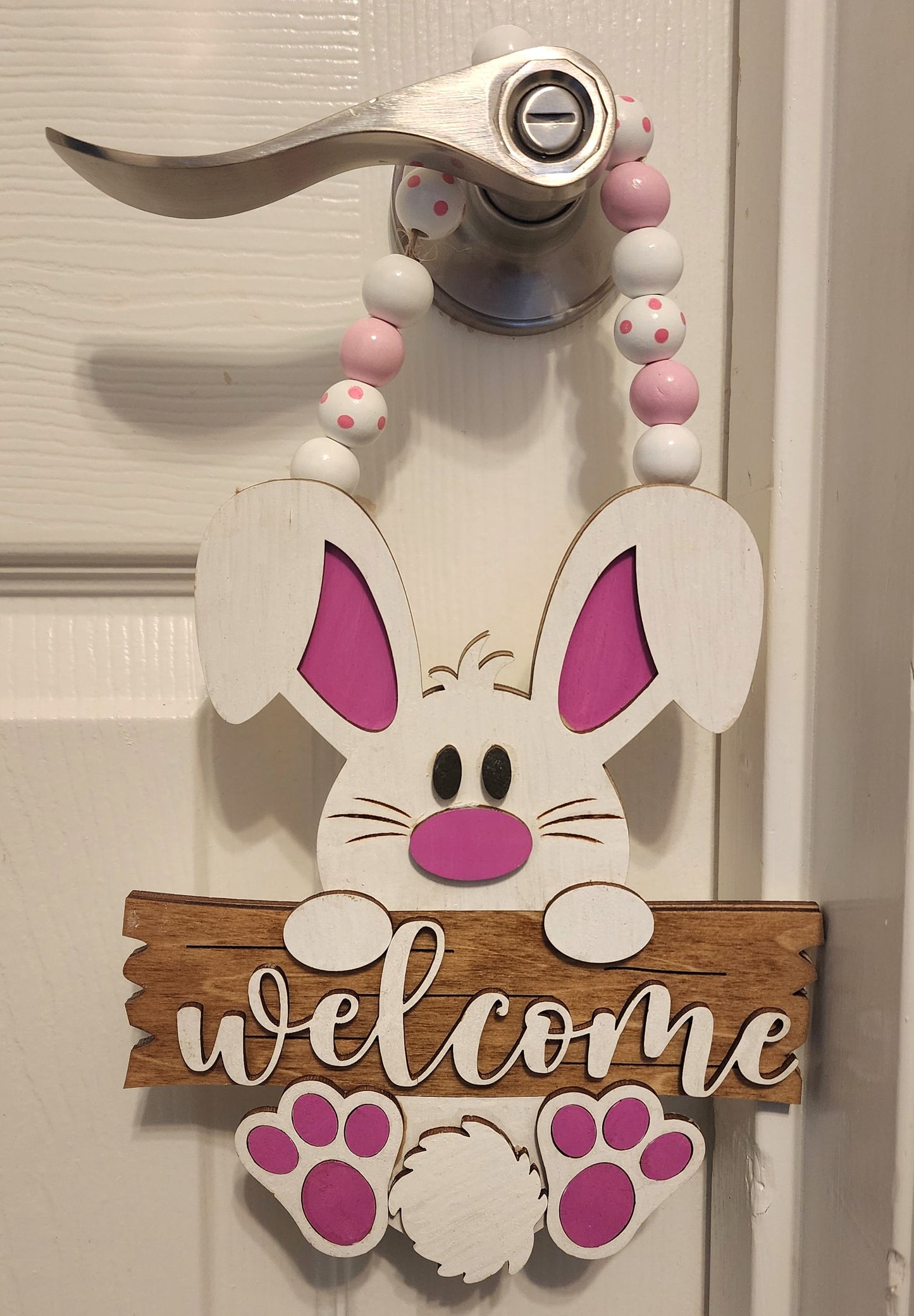 Laser Cut Bunny Welcome Sign – Hand-Painted Easter Door Decor