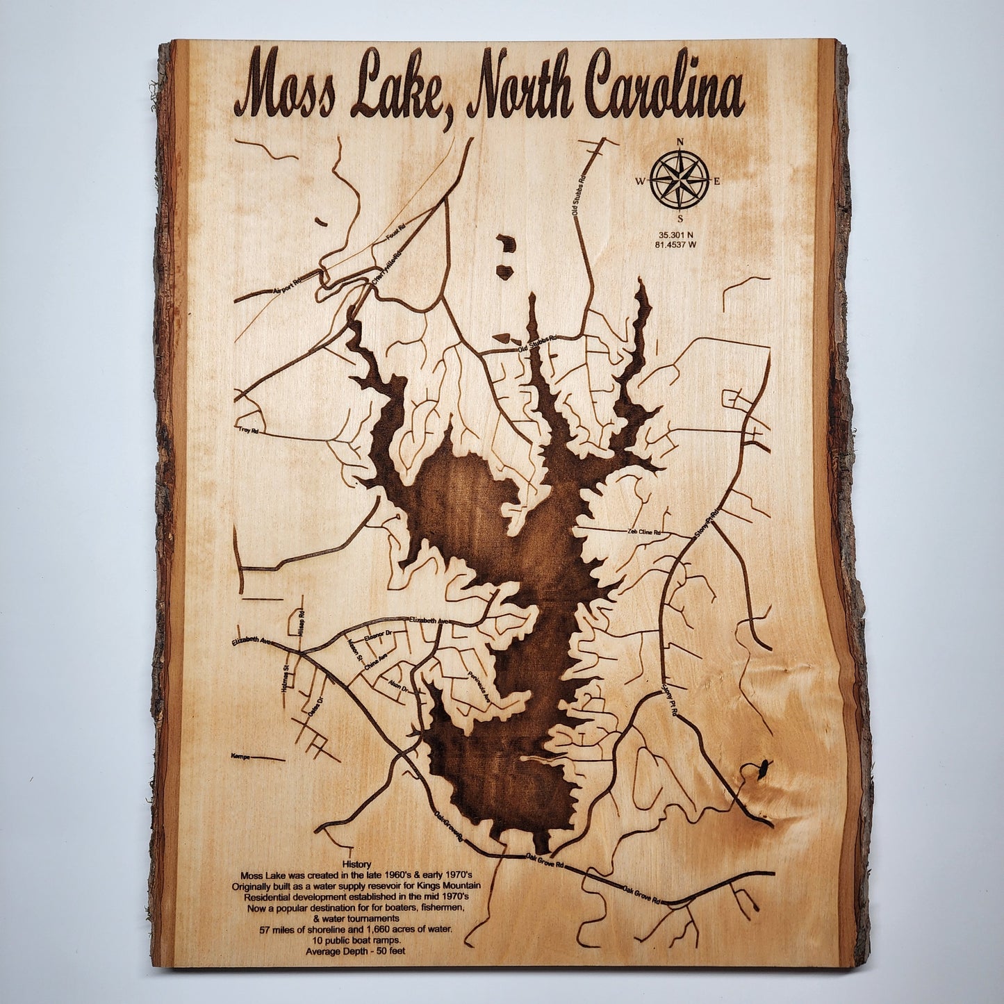 Live Edge Laser-Engraved Map of Moss Lake, NC – Rustic Decor Art