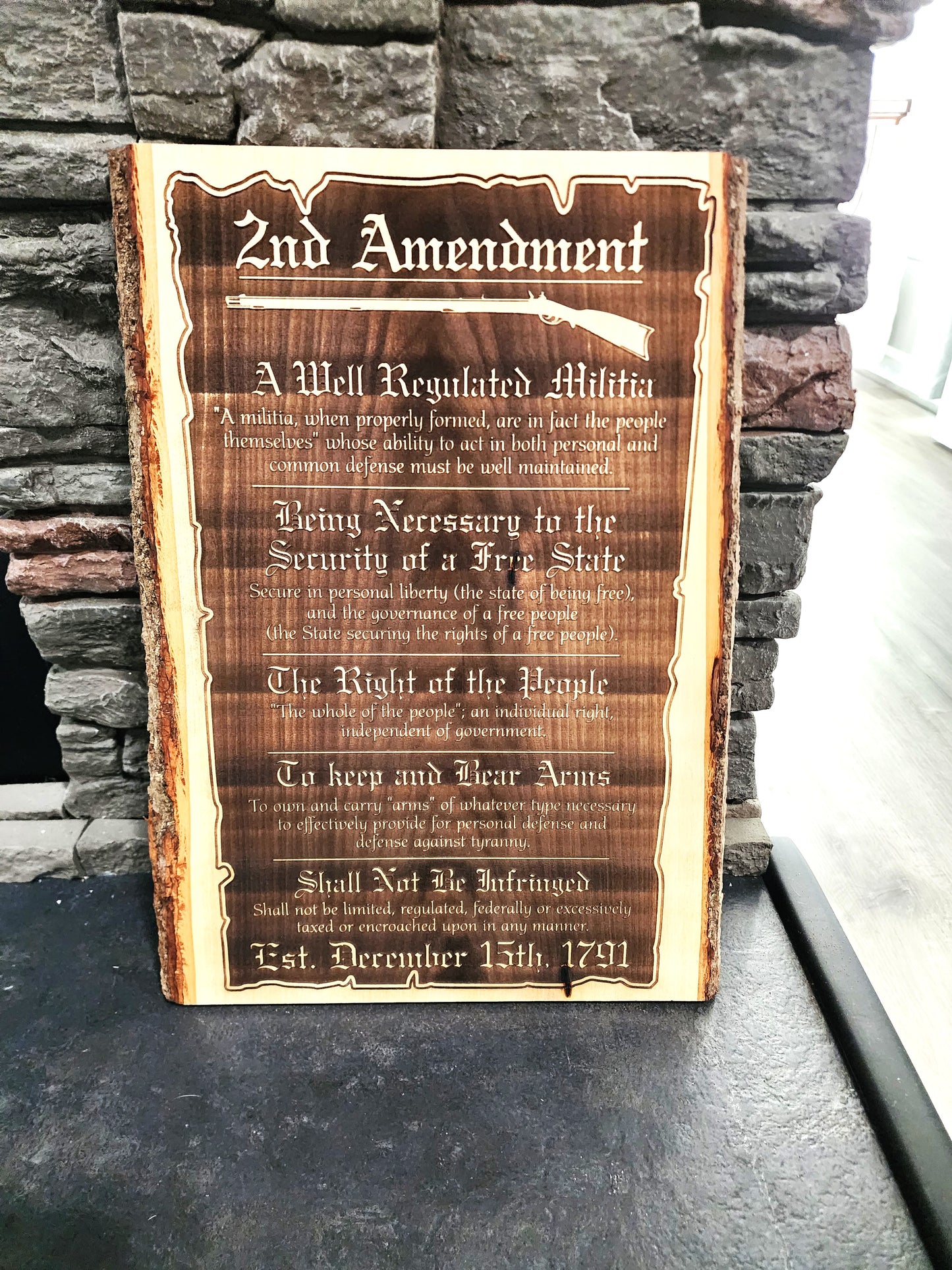2nd Amendment Laser Engraving on Live Edge Wood