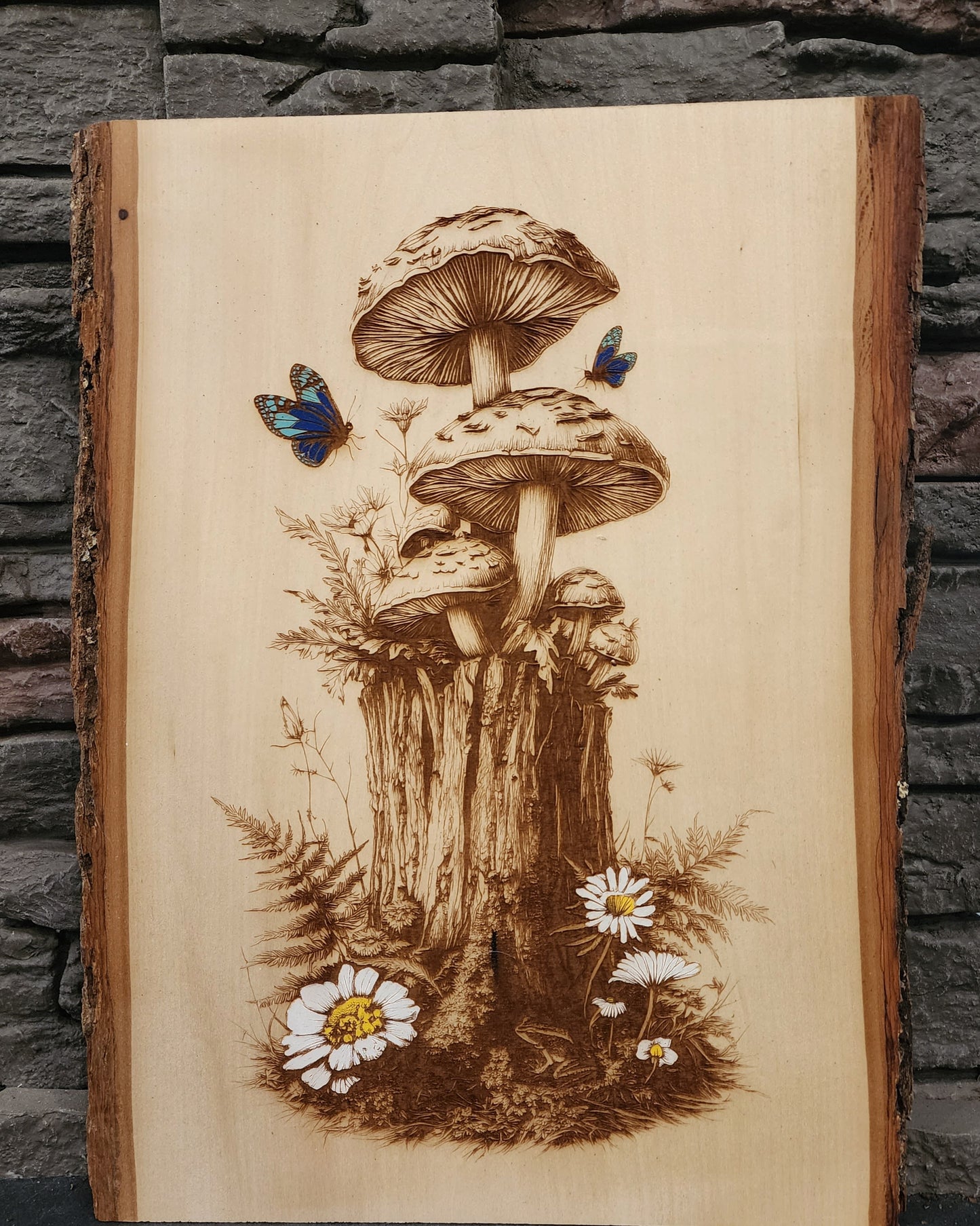Woodland Mushrooms & Butterflies – Laser Engraved on Live Edge Wood