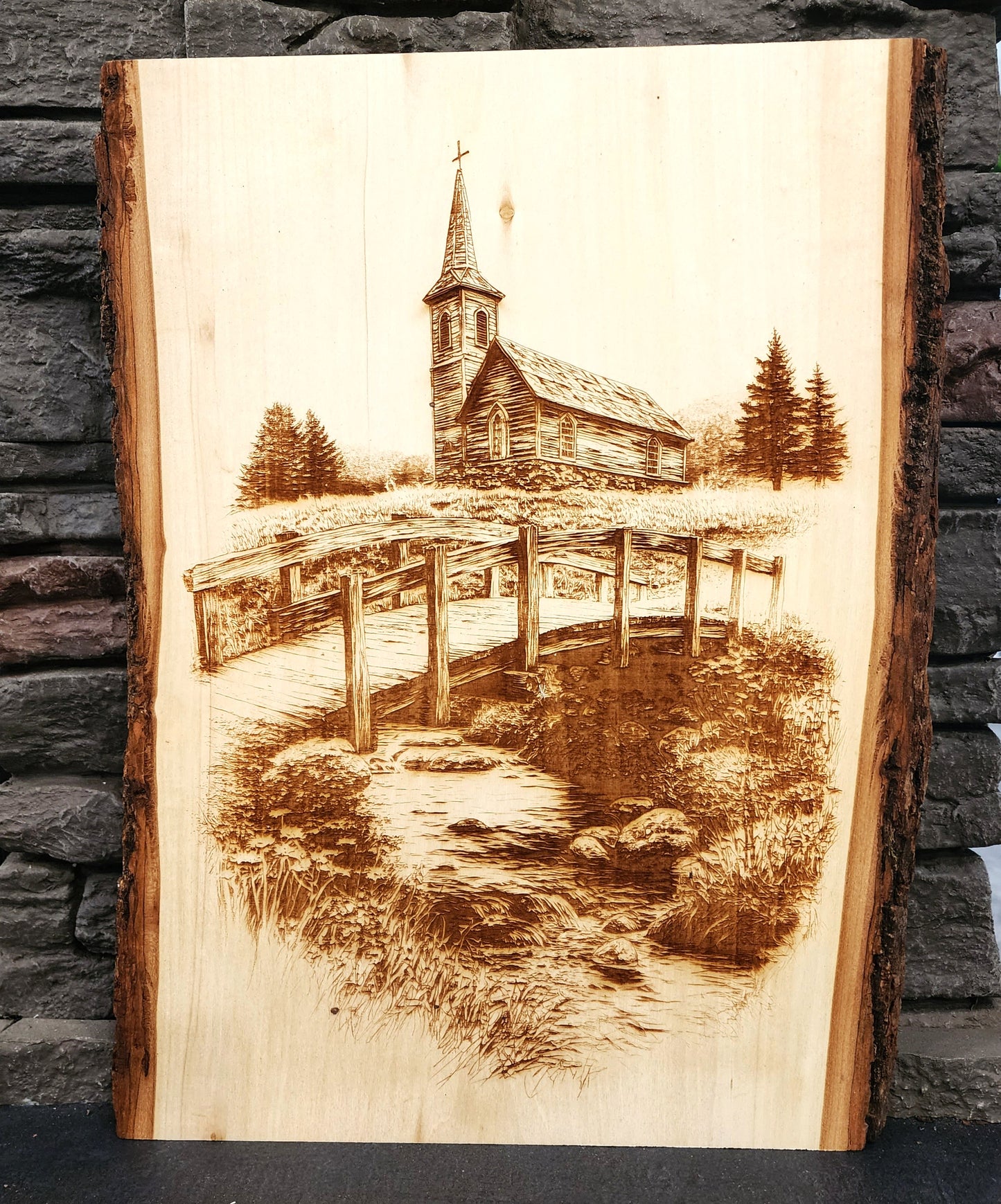 Rustic Country Church & Bridge Scene – Laser Engraved on Live Edge Wood