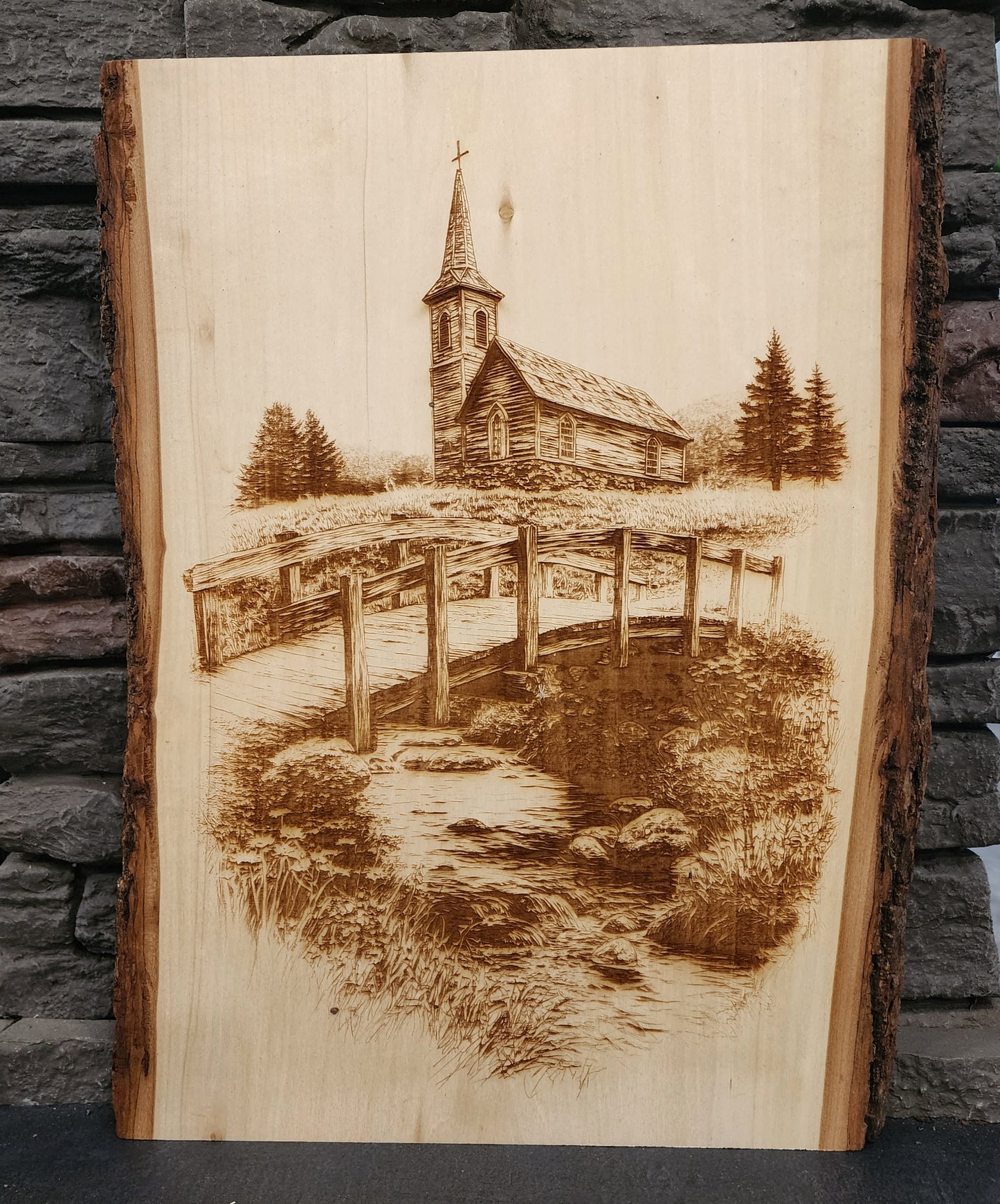 Country Church with Bridge Laser Engraving on Live Edge Wood – Rustic Christian Wall Art