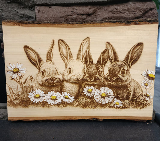 Live Edge Basswood Laser Engraved Rabbits with Daisies – Rustic Woodland Animal Decor