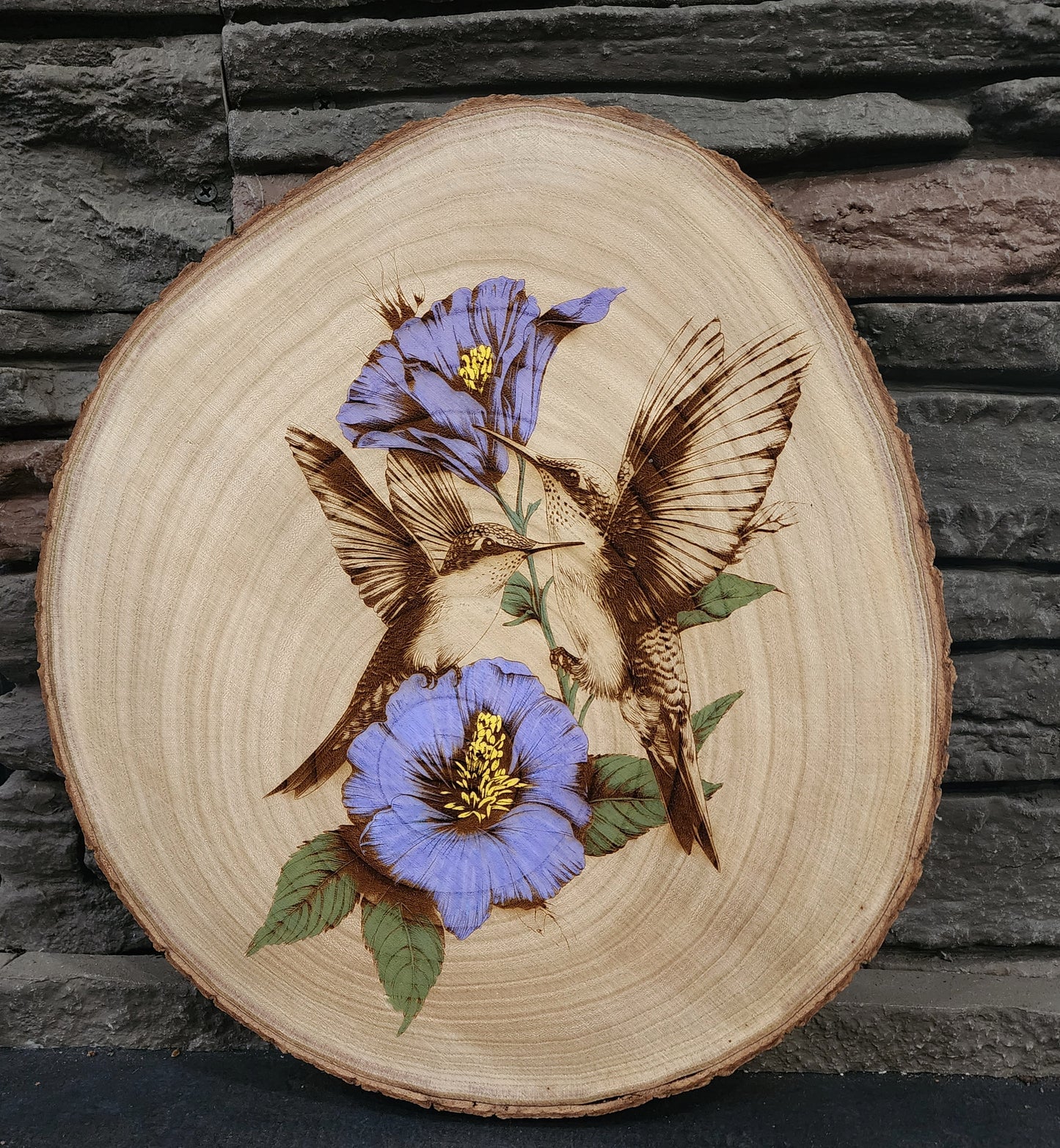 Hummingbirds and Wildflowers Live Edge Laser Engraving