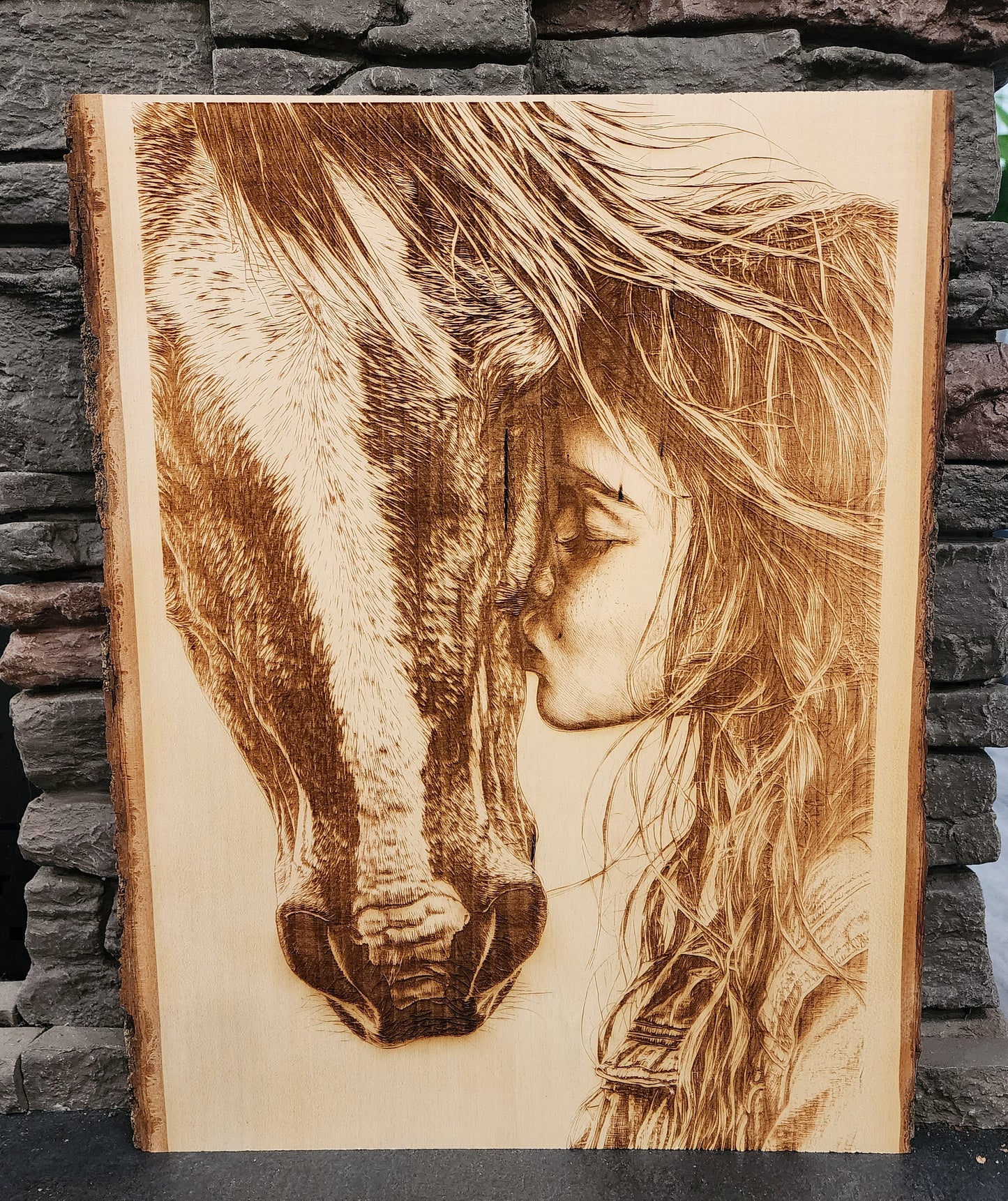Girl and Horse Bond – Live Edge Laser Engraving