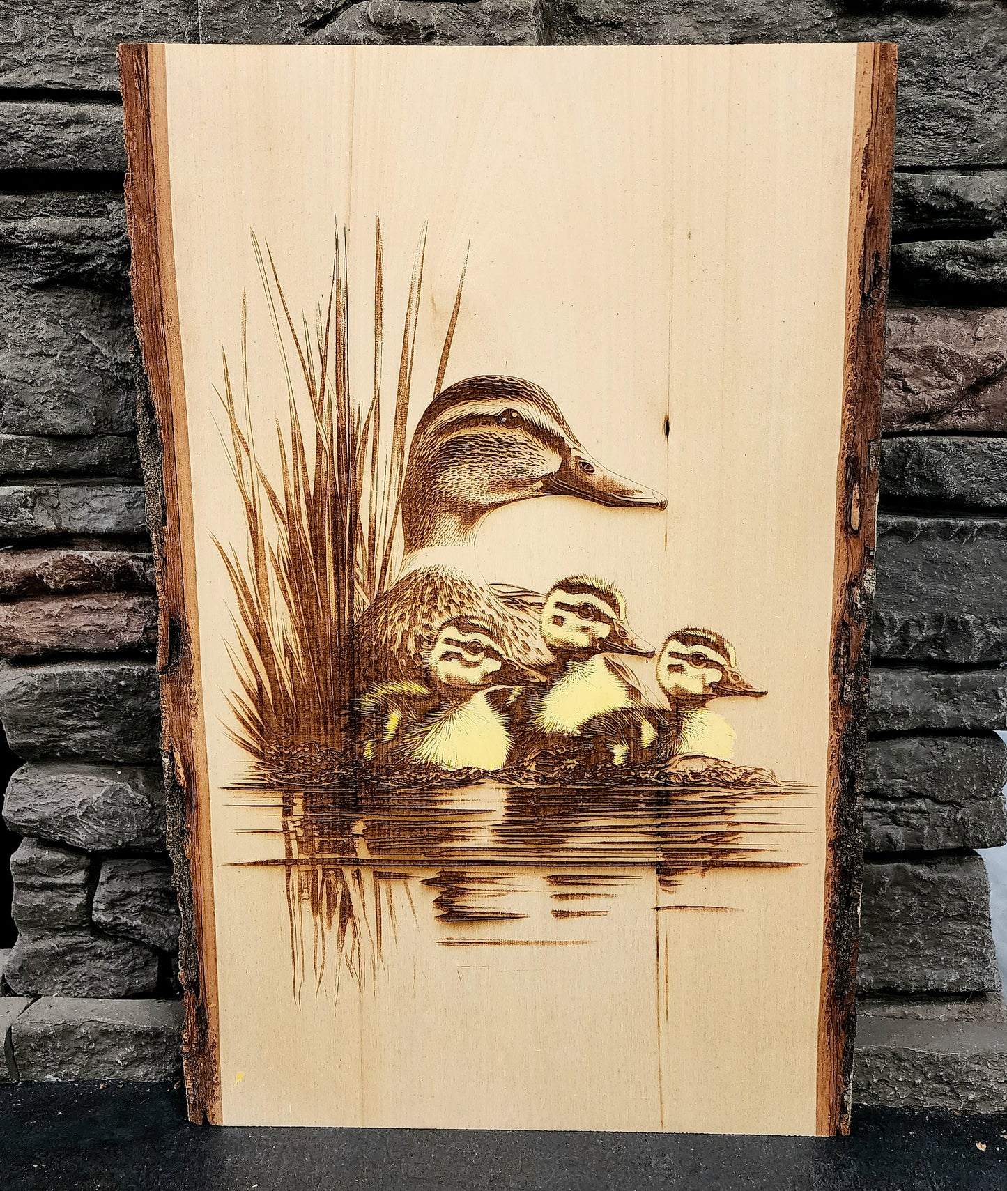 Mother Duck and Ducklings Live Edge Laser Engraving