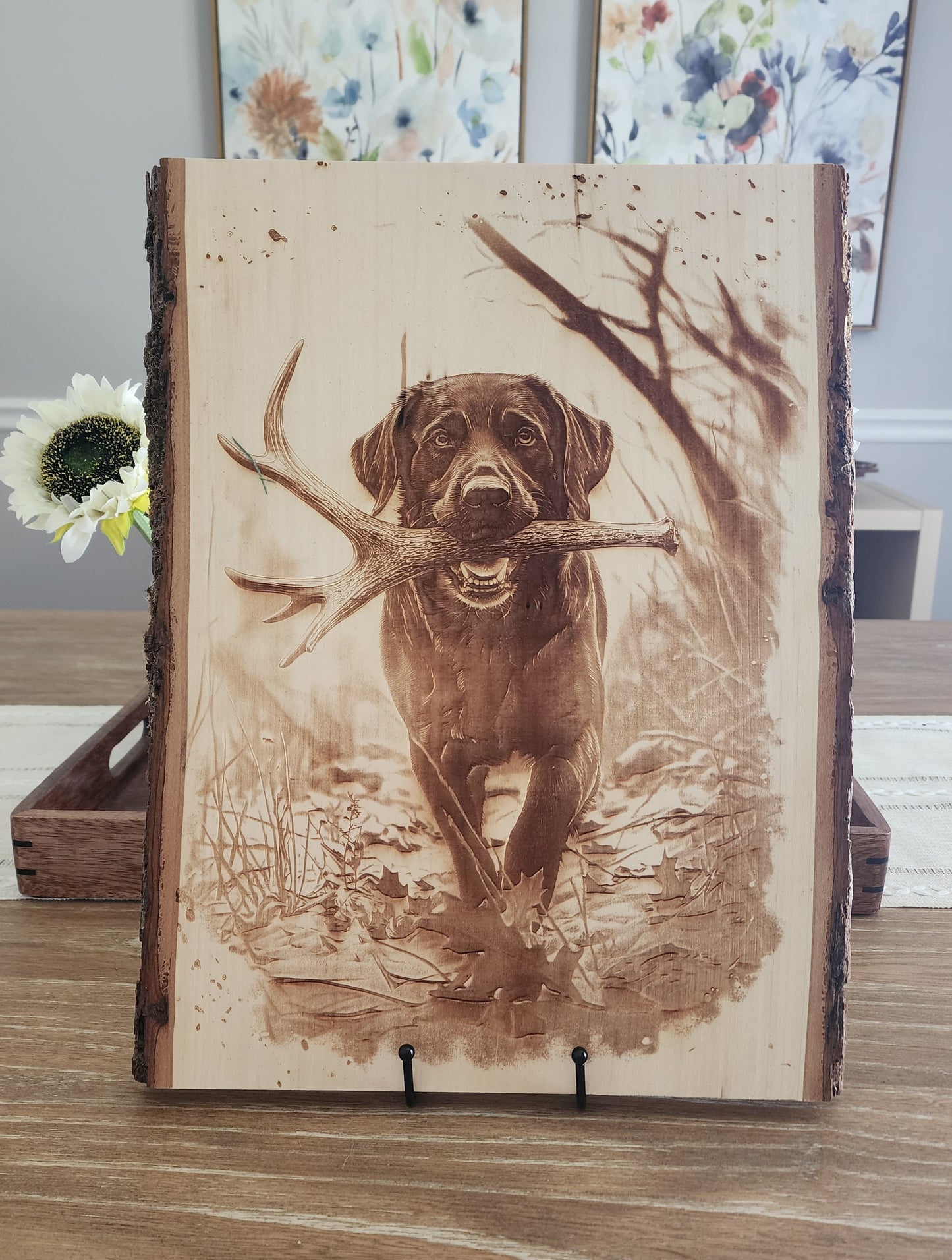 Black Lab Laser Engraving on Live Edge Wood – Hunting Dog Wall Art