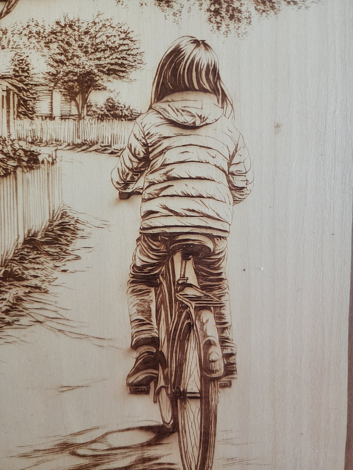 Small Town Peaceful Life Laser Engraving on Live Edge Wood – Girl on Bicycle Rustic Wall Art