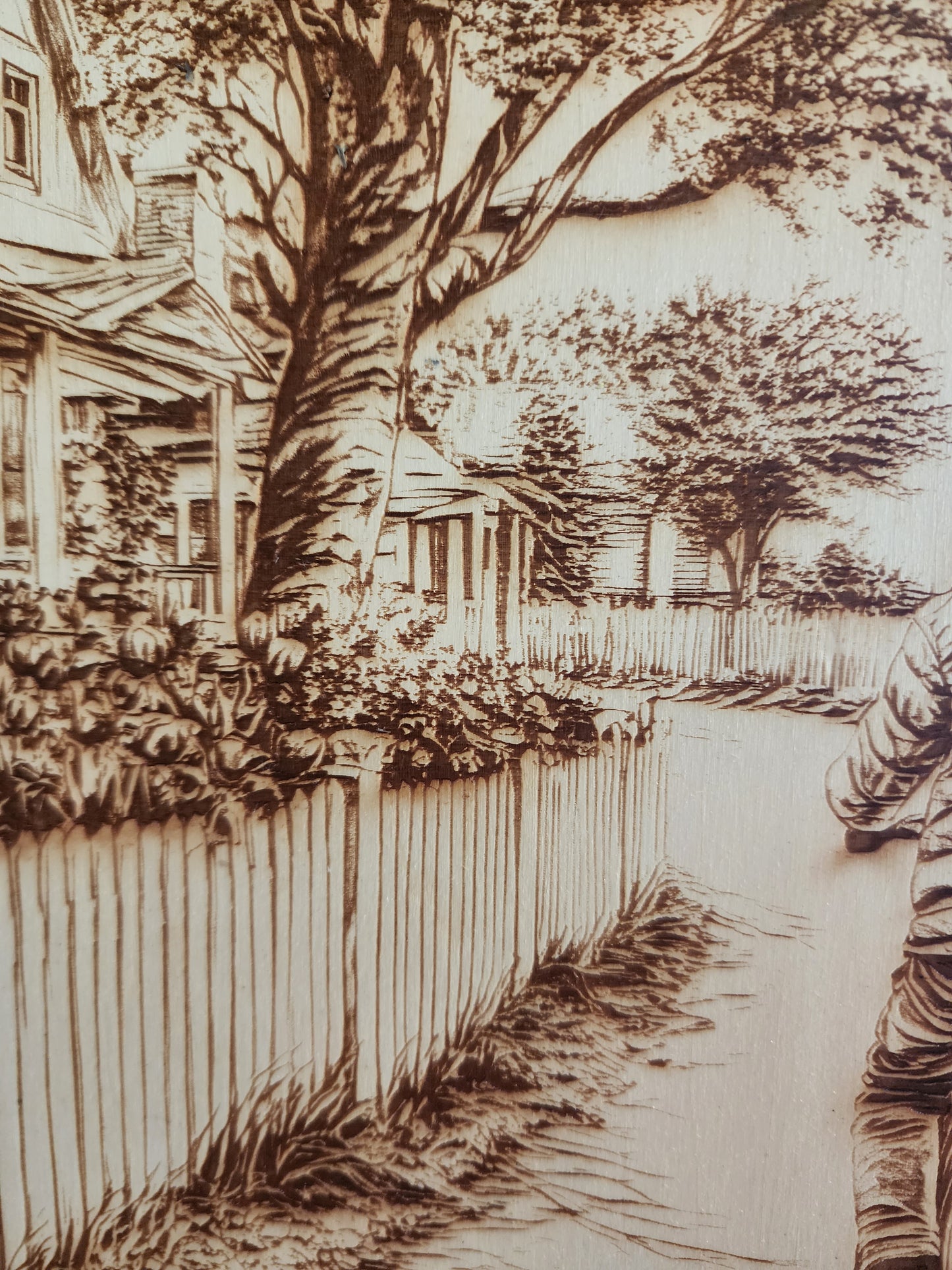 Small Town Peaceful Life Laser Engraving on Live Edge Wood – Girl on Bicycle Rustic Wall Art