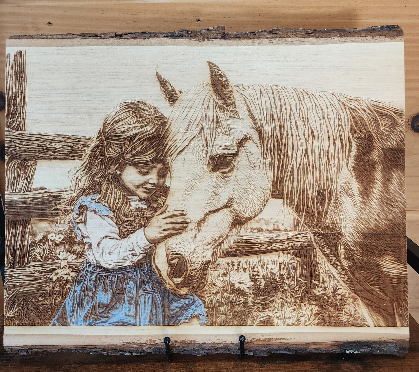 Girl with Horse – Laser-Engraved & Hand-Shaded Live Edge Basswood Equine Art