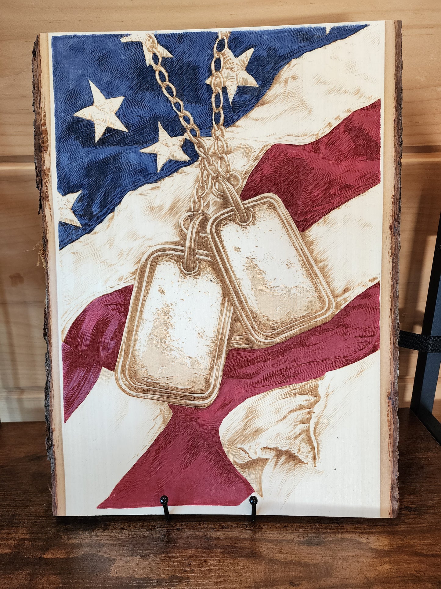American Flag & Military Dog Tags – Laser-Engraved and Hand-Painted Live Edge Basswood Art