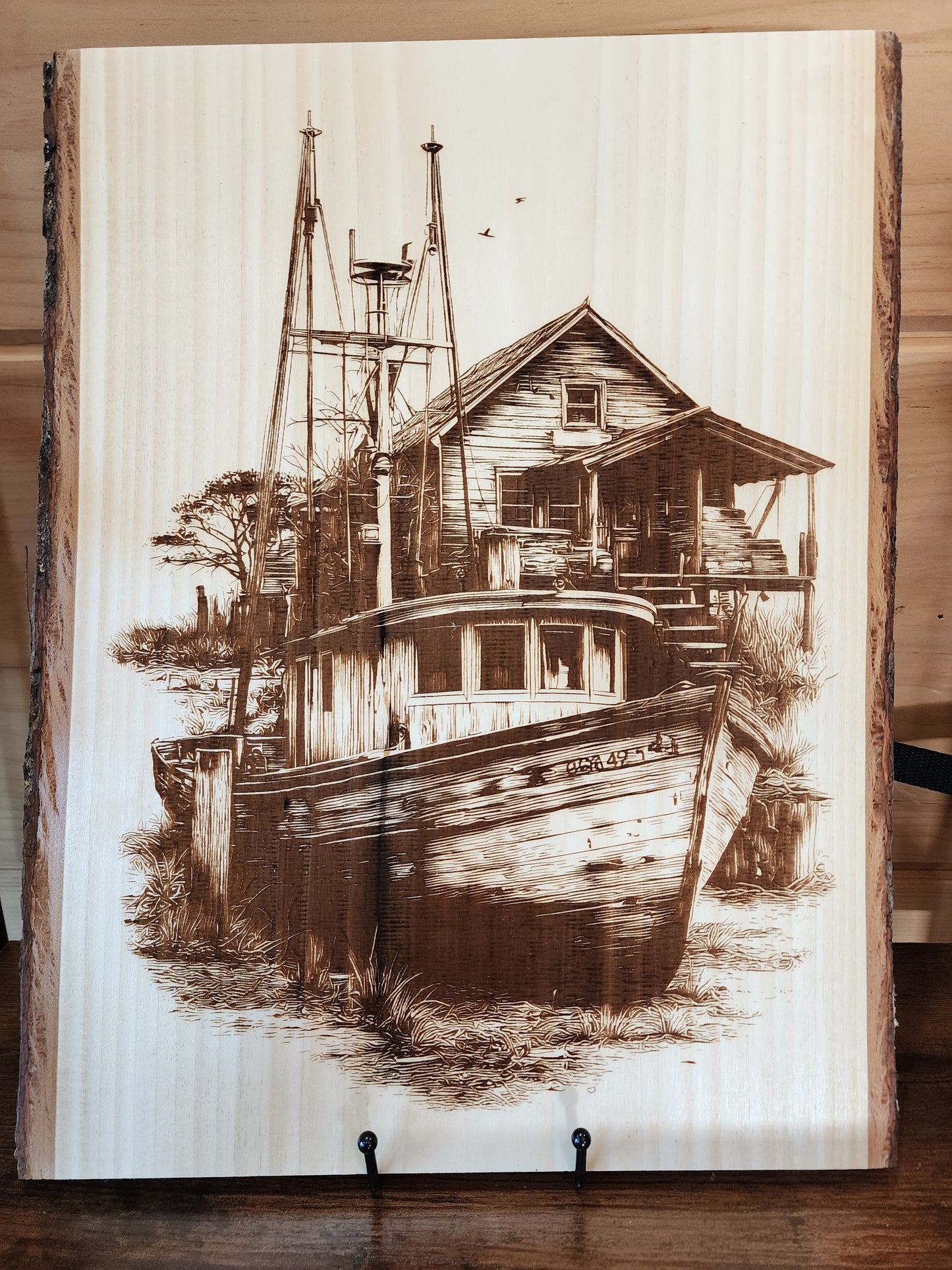 Rustic Fishing Boat & Cabin – Laser-Engraved Live Edge Basswood Coastal Art