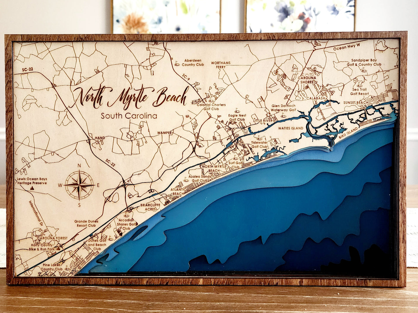 North Myrtle Beach, South Carolina Bathymetric Wood Map – Layered Coastal Laser-Cut Art