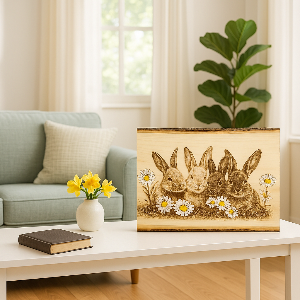 Live Edge Basswood Laser Engraved Rabbits with Daisies – Rustic Woodland Animal Decor