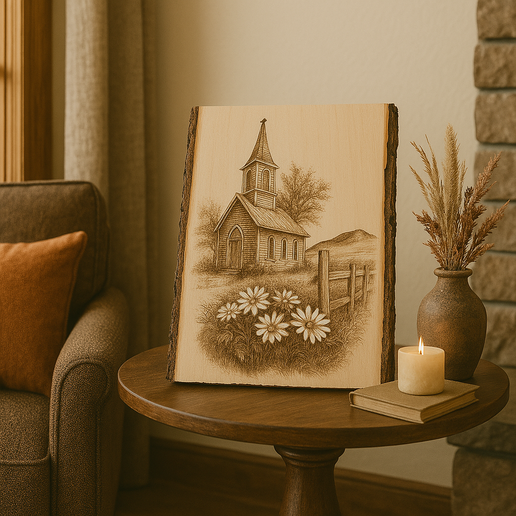 Country Church and Daisies – Peaceful Country Scene -Laser Engraved on Live Edge Wood