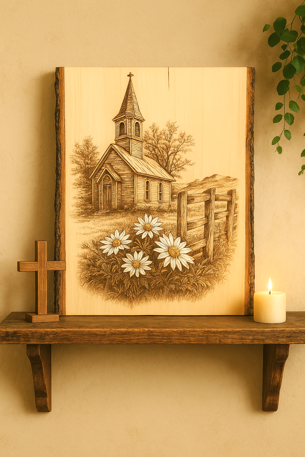 Country Church and Daisies – Peaceful Country Scene -Laser Engraved on Live Edge Wood