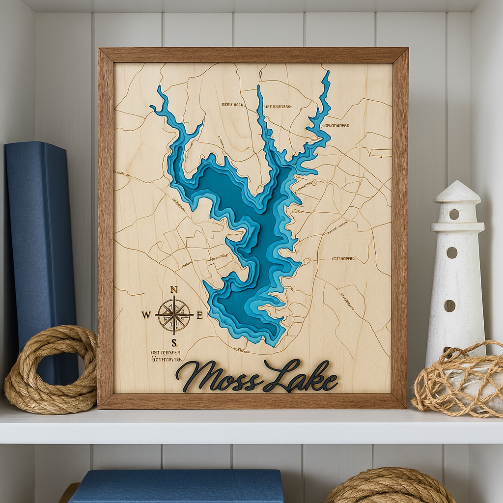 Laser-Engraved Layered Map of Moss Lake, NC – Custom Lake Wall Art