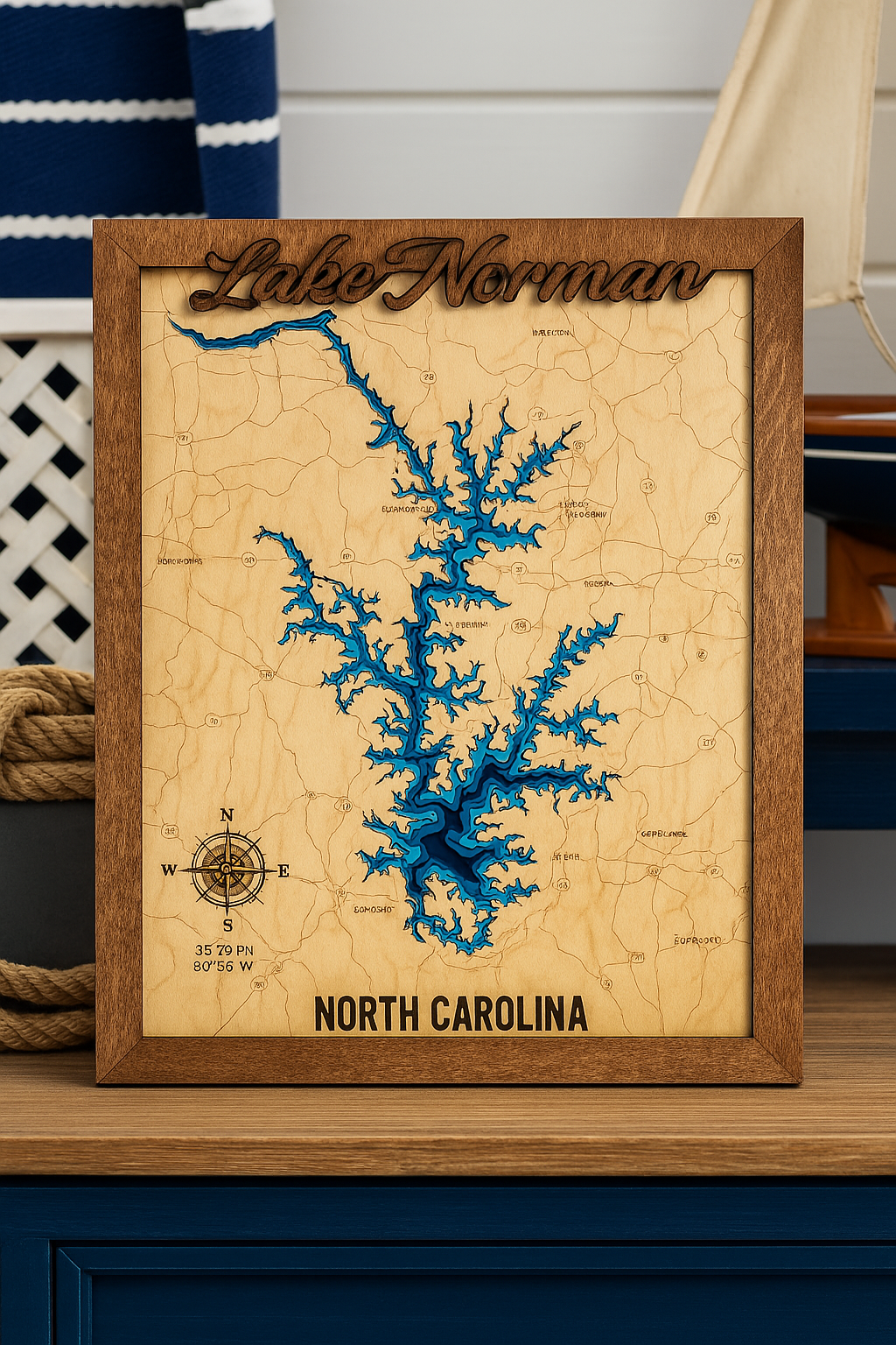 6 Layer Laser Engraved Lake Norman Map – Custom Wooden Topographic Art