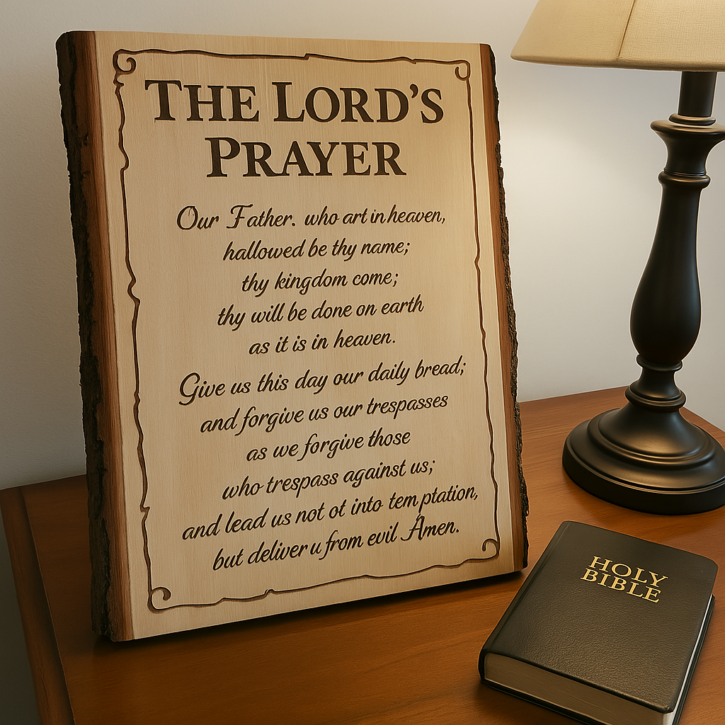 The Lord’s Prayer Engraving on Live Edge Wood – Christian Home Decor