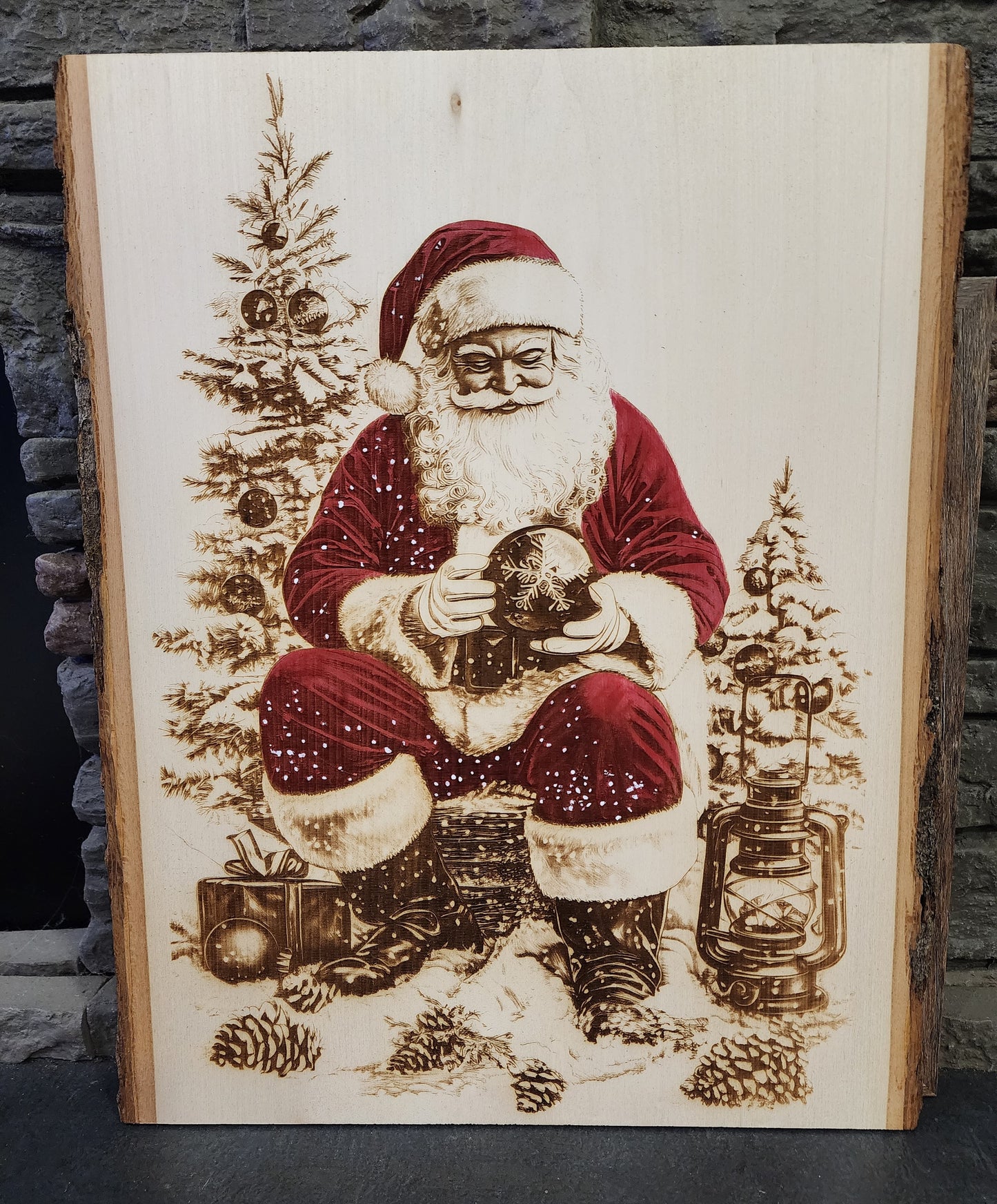 Laser Engraved Santa with Snow Globe on Live Edge Basswood