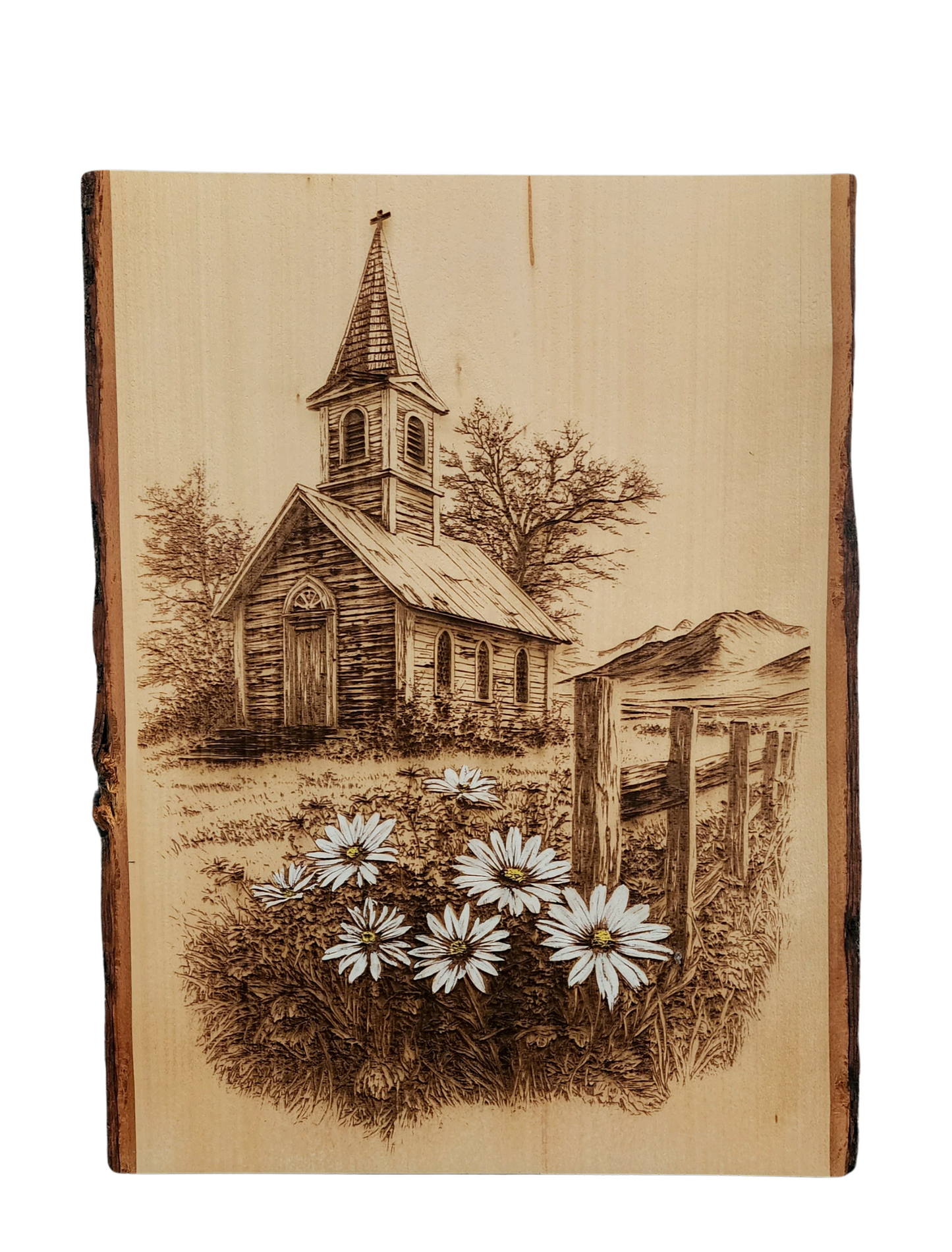 Country Church and Daisies – Peaceful Country Scene -Laser Engraved on Live Edge Wood