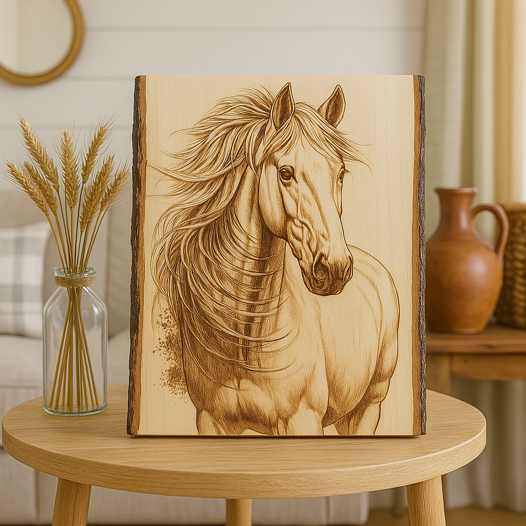 Laser Engraved Horse Wall Art, Live Edge Animal Wall Art Decor