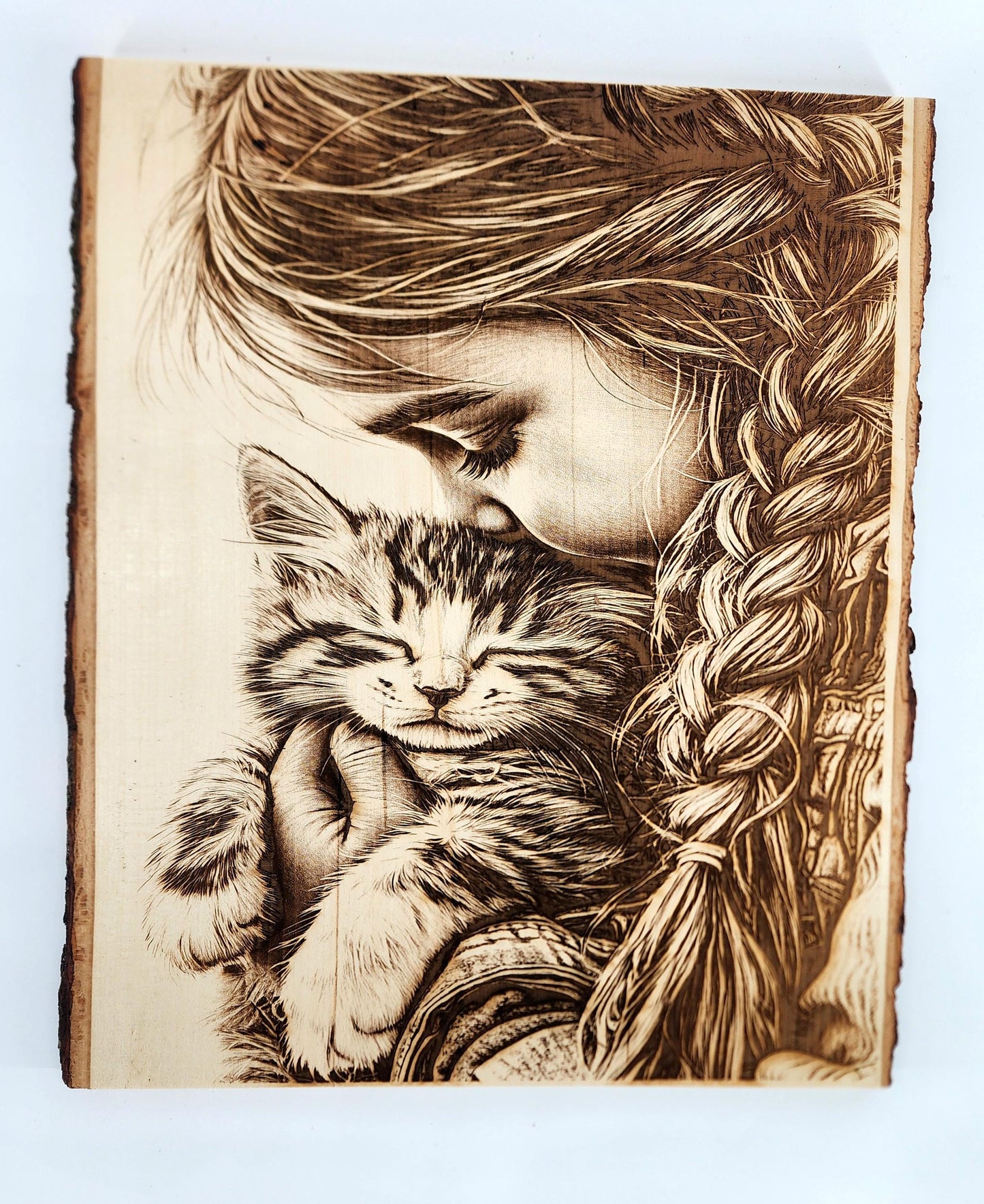 Laser Engraved Girl With Cat Wall Art, Live Edge Wood Engraving Art