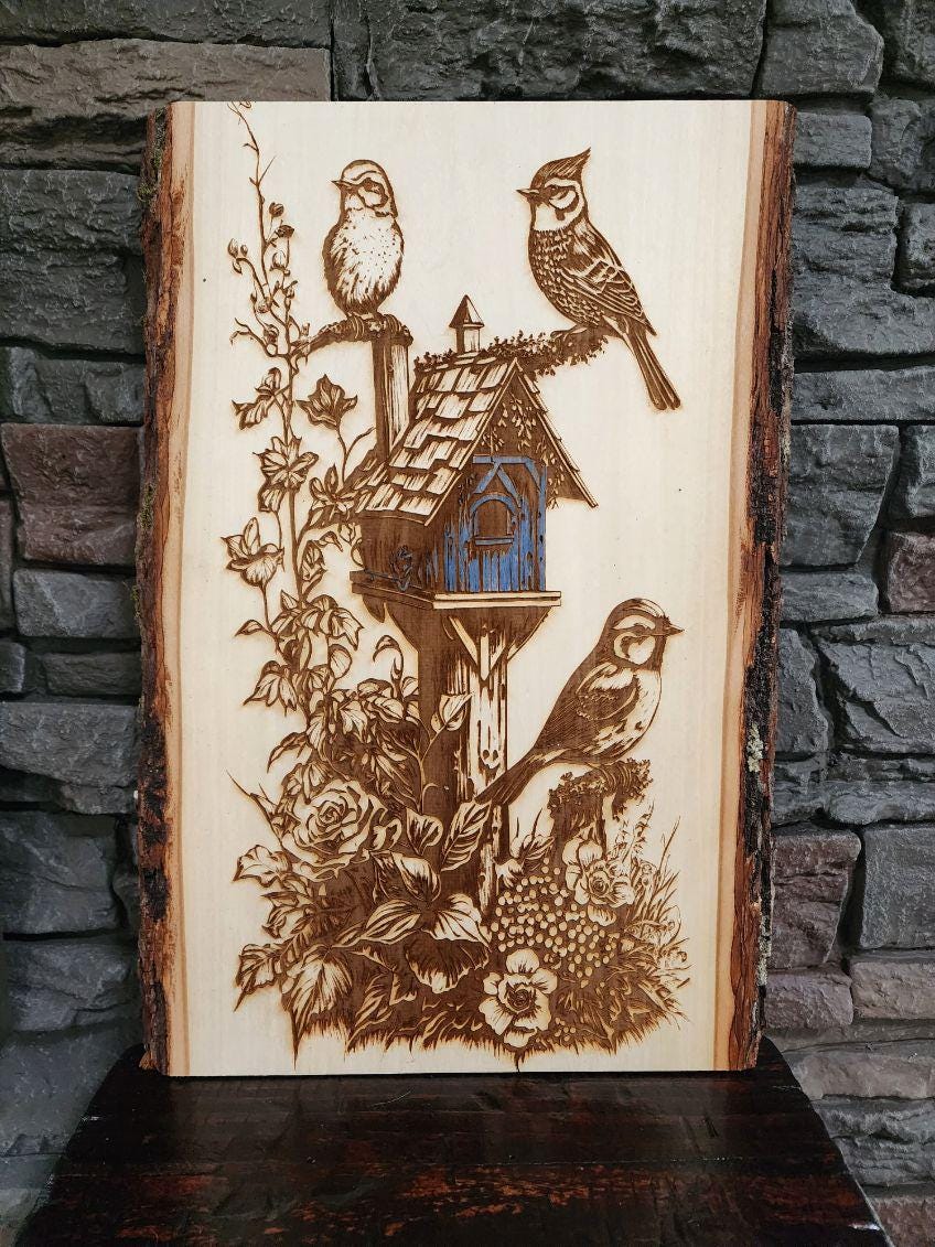Laser Engraved Live Edge Wood Art, Engraved Bird House Decor