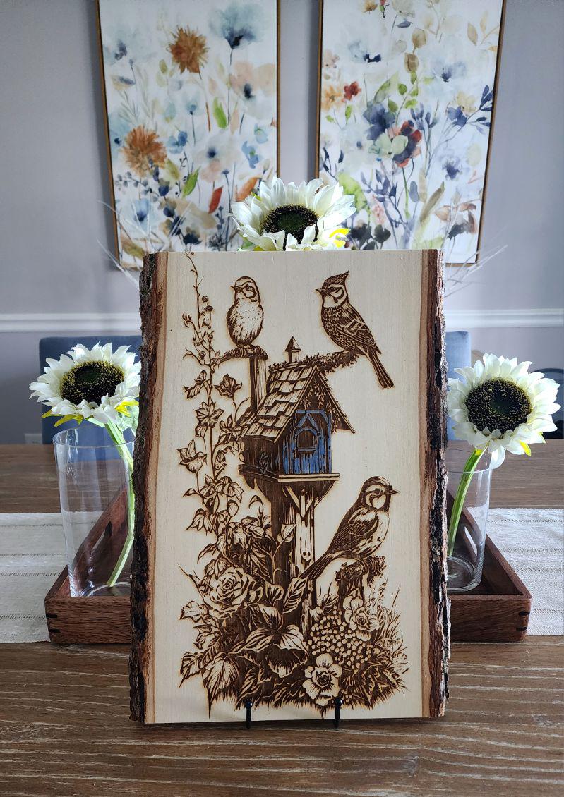 Laser Engraved Live Edge Wood Art, Engraved Bird House Decor