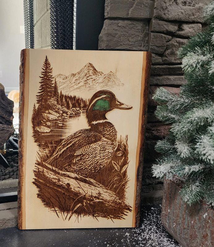 Live Edge Wood Engraved Duck Art, Mallard Duck Rustic Wood Decor