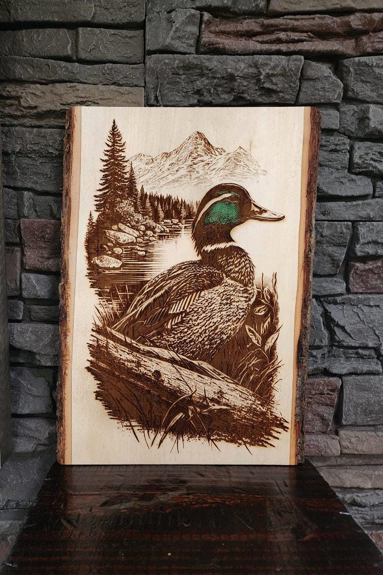 Live Edge Wood Engraved Duck Art, Mallard Duck Rustic Wood Decor