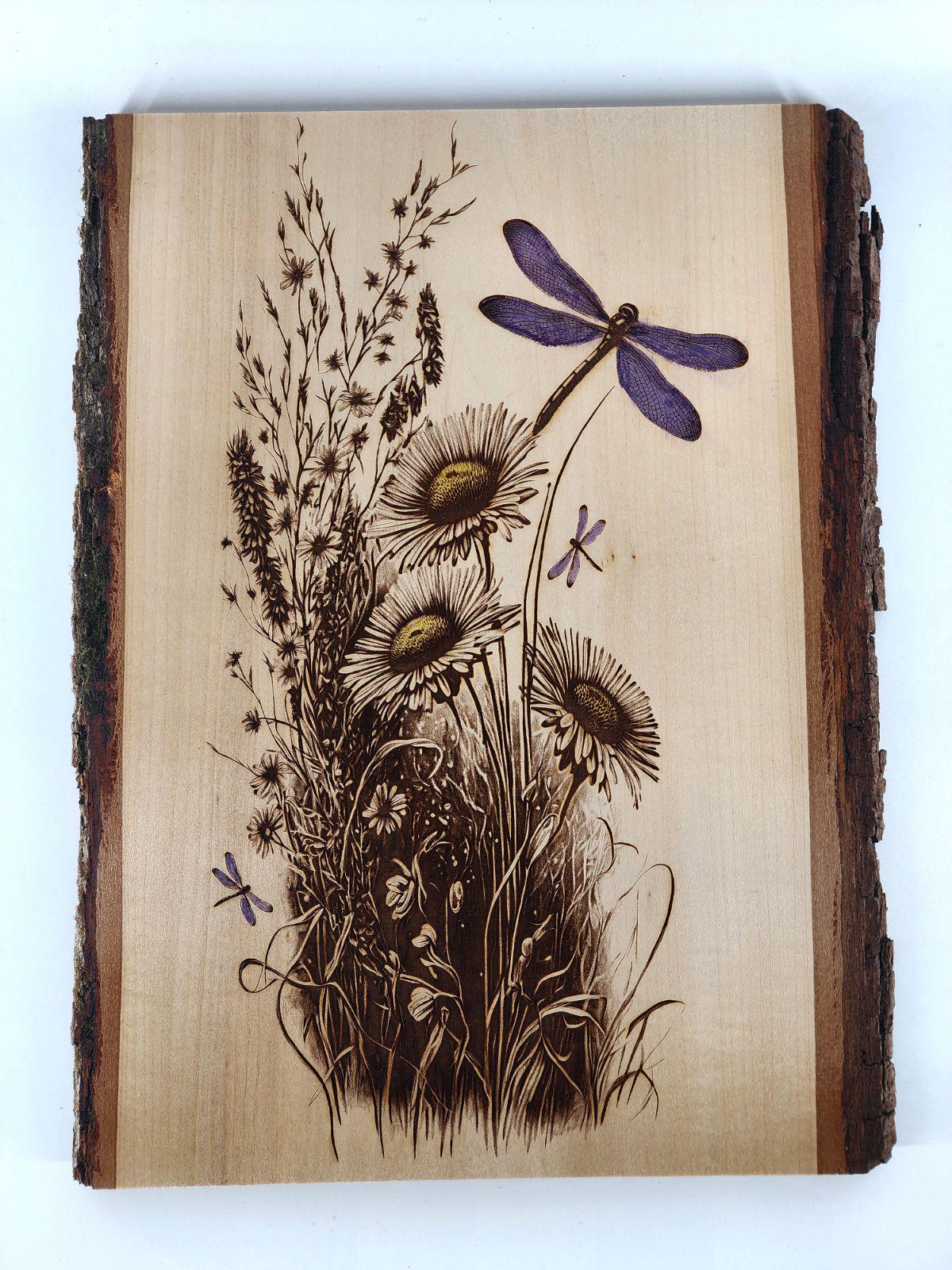 Dragonfly Engraving Wood Art, Live Edge Wildflower Home Decor