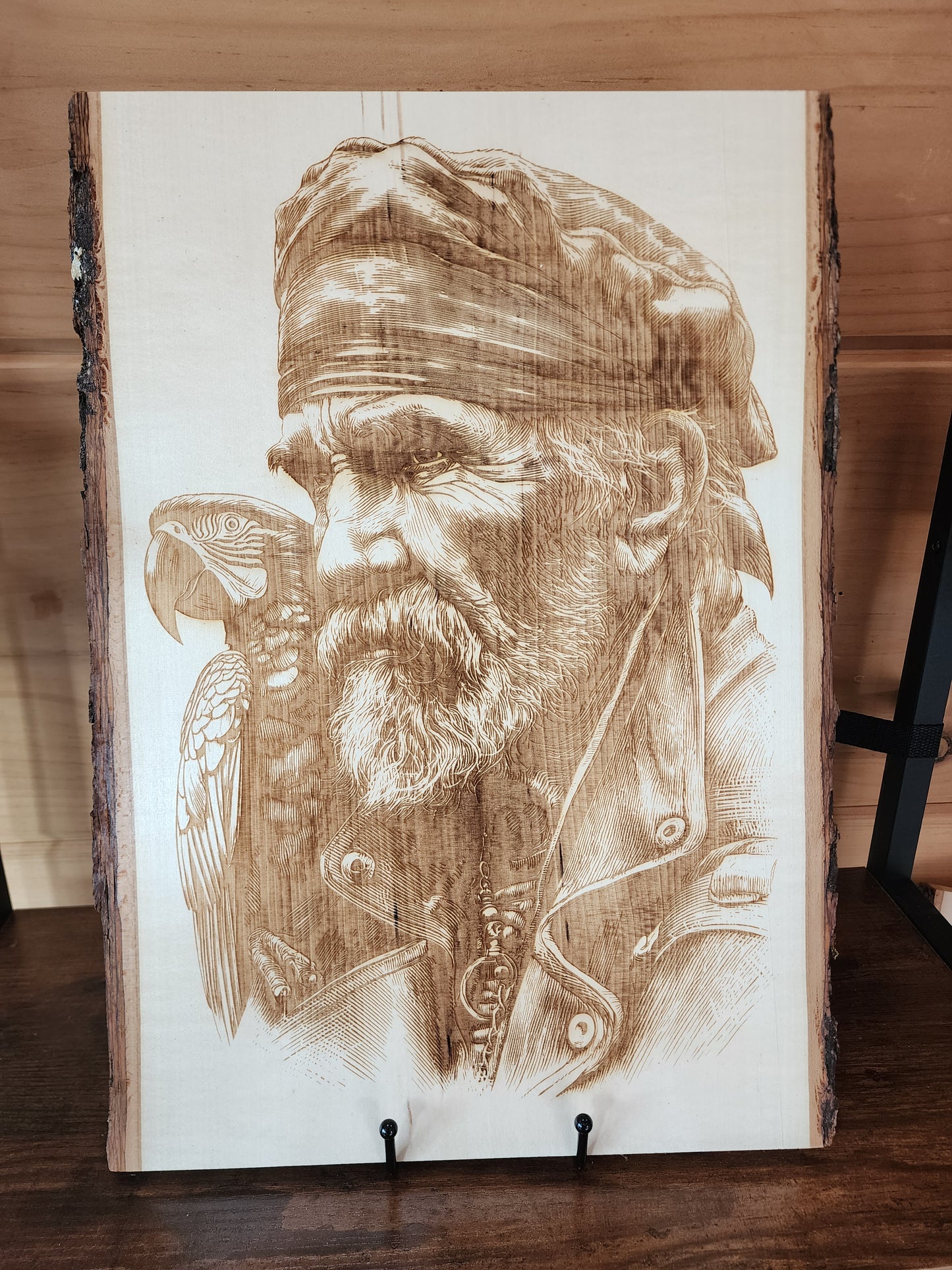 Pirate Captain & Parrot – Laser-Engraved Live Edge Basswood Portrait Art