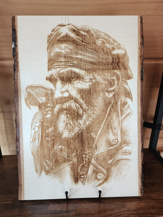 Pirate Captain & Parrot – Laser-Engraved Live Edge Basswood Portrait Art