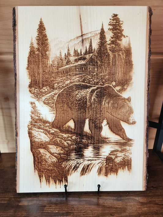Bear in Mountain Forest – Laser-Engraved Live Edge Basswood Wilderness Art