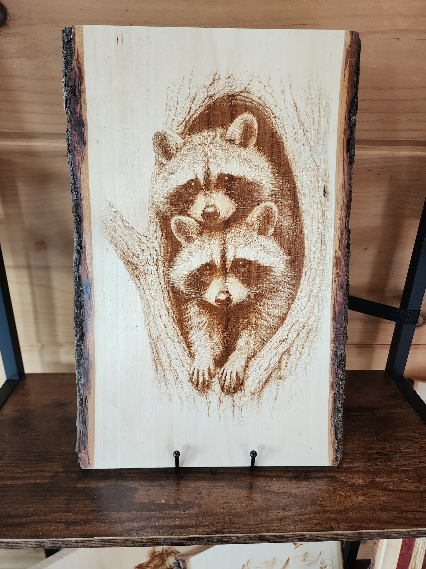 Raccoon Duo in Tree Hollow – Laser-Engraved Live Edge Basswood Wildlife Art