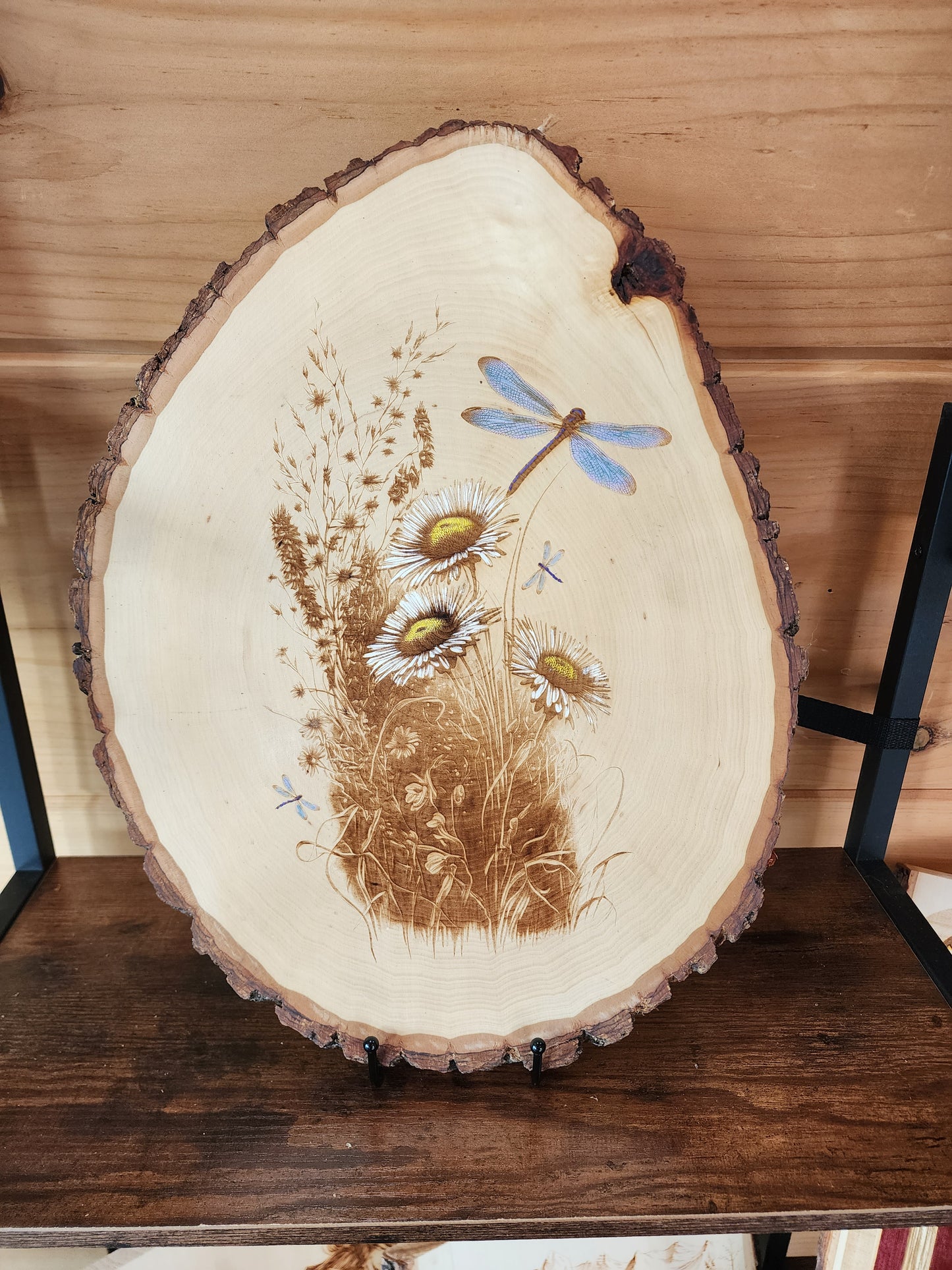 Dragonfly & Daisies – Hand-Colored Laser-Engraved Live Edge Wood Slice