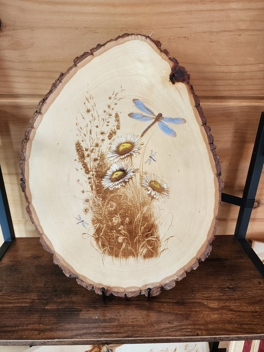 Dragonfly & Daisies – Hand-Colored Laser-Engraved Live Edge Wood Slice