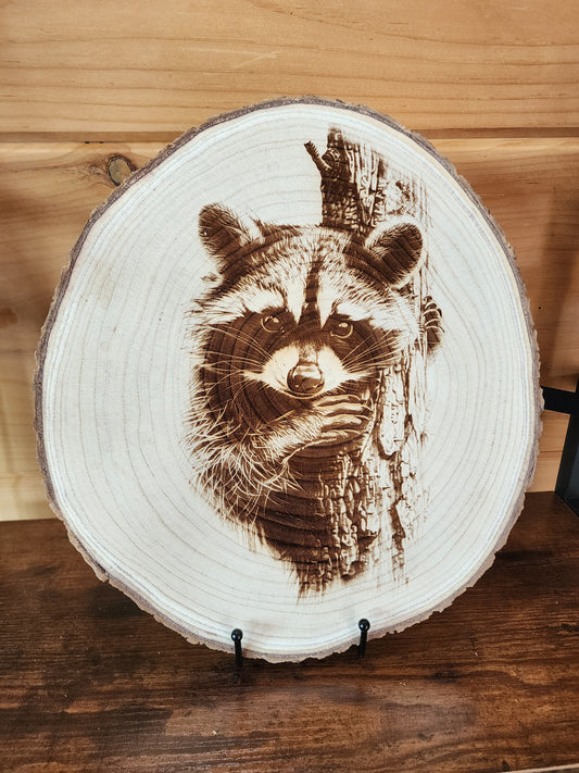 Woodland Raccoon Peek – Laser-Engraved Live Edge Wood Slice Wildlife Art