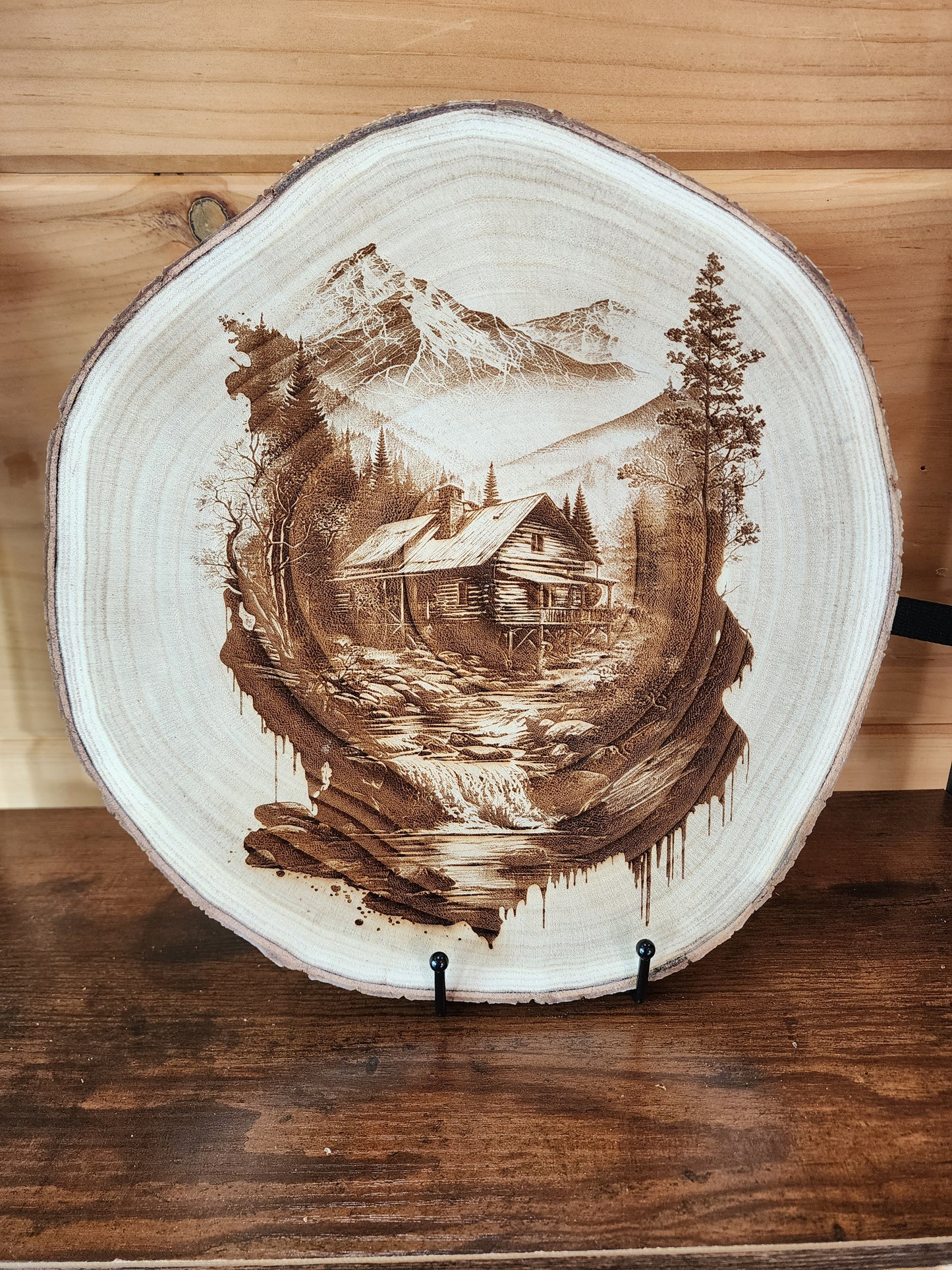 Mountain Cabin Retreat – Laser-Engraved Live Edge Wood Slice Landscape Art