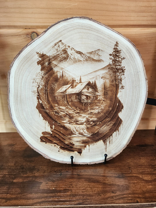 Mountain Cabin Retreat – Laser-Engraved Live Edge Wood Slice Landscape Art