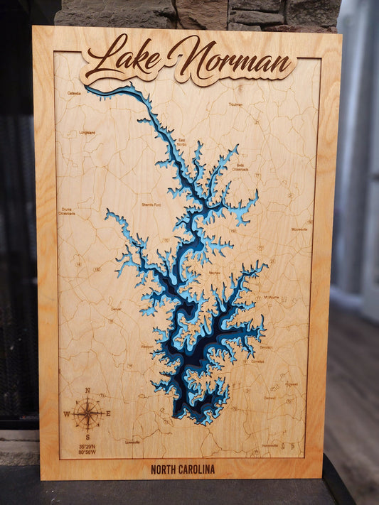 6 Layer Laser Engraved Lake Norman Map – Custom Wooden Topographic Art