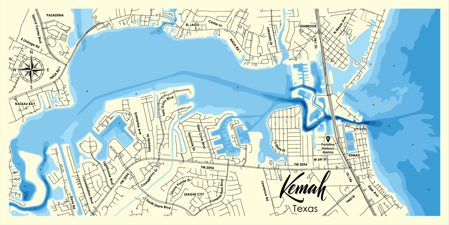 Kemah, Texas Layered Lake Map | Handcrafted Wooden Nautical Wall Art | Laser Cut & Engraved Coastal Decor | Galveston Bay Map