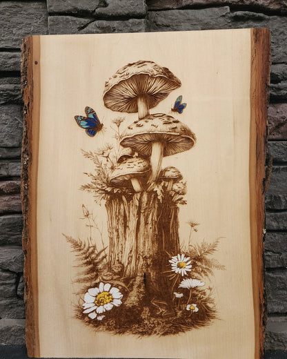 Woodland Mushrooms & Butterflies – Laser Engraved on Live Edge Wood
