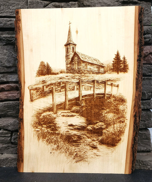 Rustic Country Church & Bridge Scene – Laser Engraved on Live Edge Wood