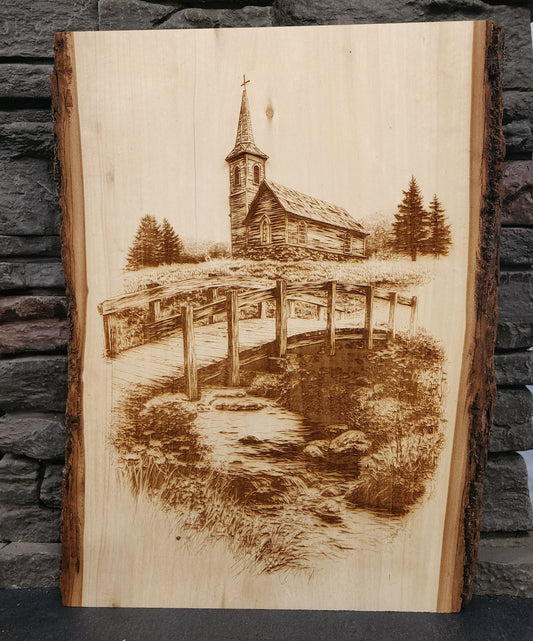 Country Church with Bridge Laser Engraving on Live Edge Wood – Rustic Christian Wall Art
