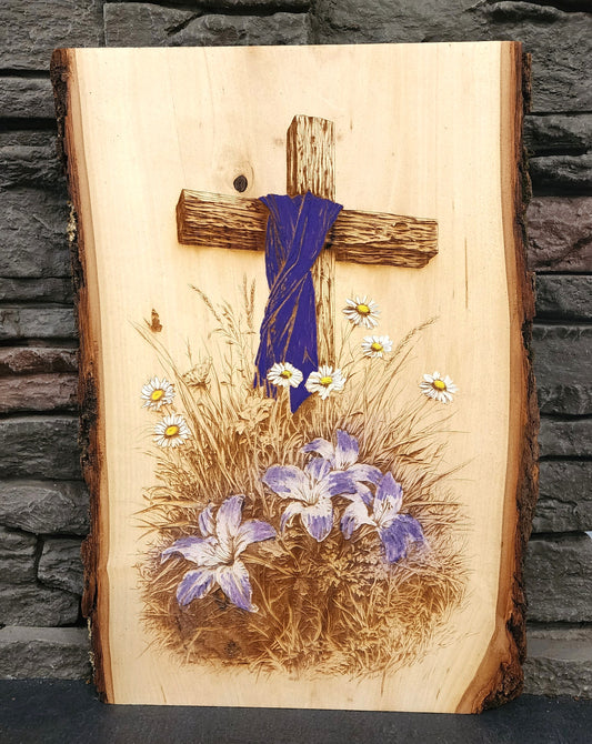 Laser Engraved Cross with Lilies on Live Edge Wood