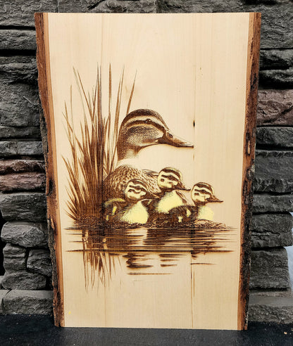 Mother Duck and Ducklings Live Edge Laser Engraving